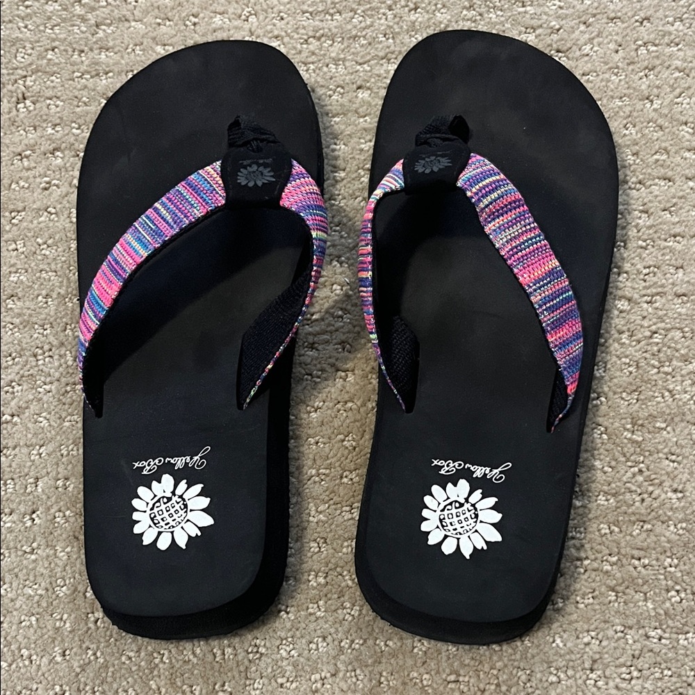 Yellow Box Black Flip Flops with Colorful Straps